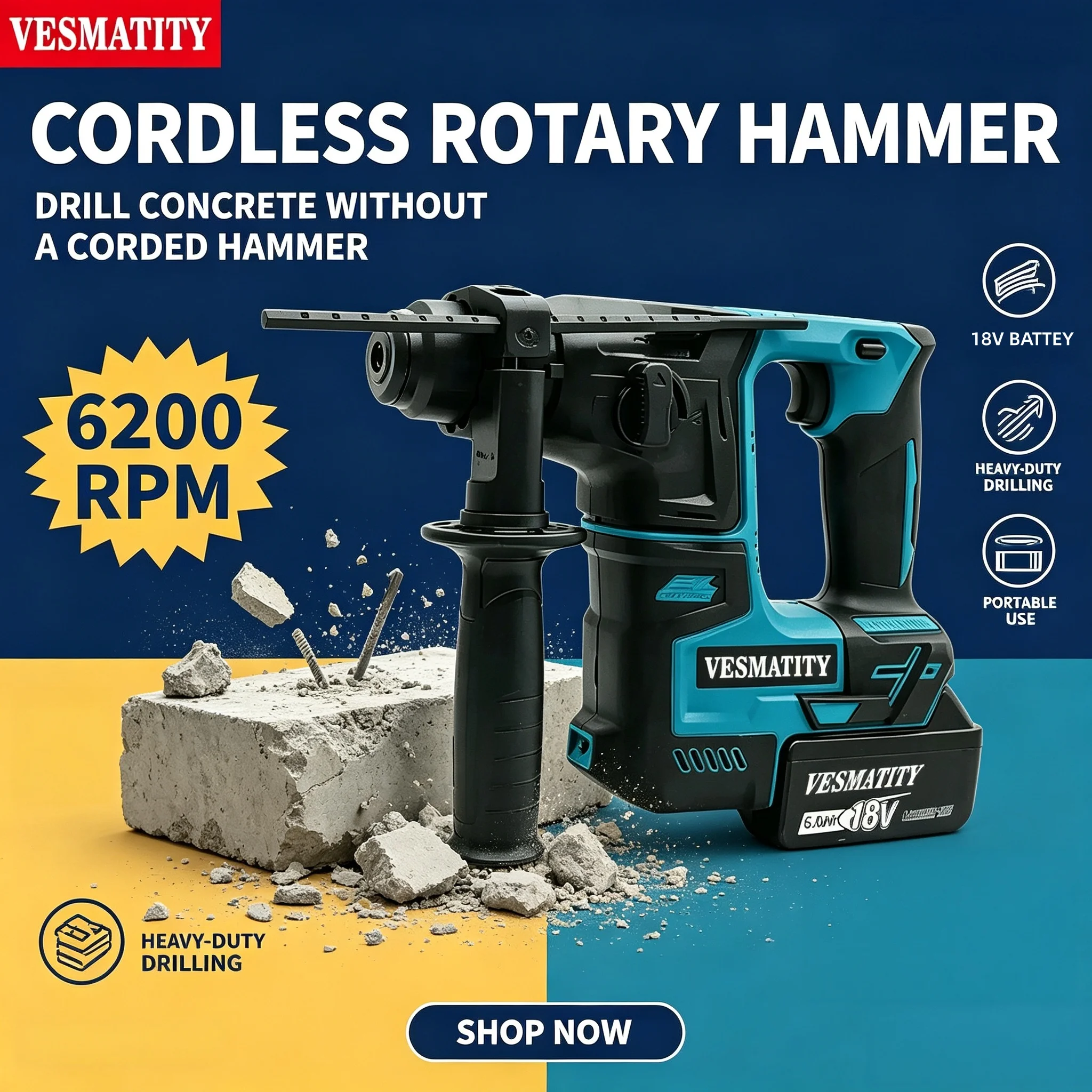 VESMATITY Electric Hammer Brushless Cordless Hammer Wireless Drills Power for 18V Lithium Battery Tools