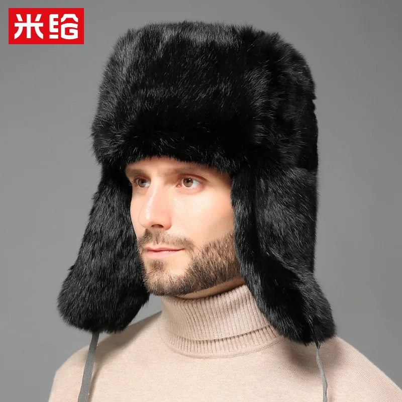 Hot Selling Men's Faux Rabbit Fur Russian Hat, Winter Thermal Trapper Cap with Ear Flaps, Windproof Ushanka for Dad Middle Aged