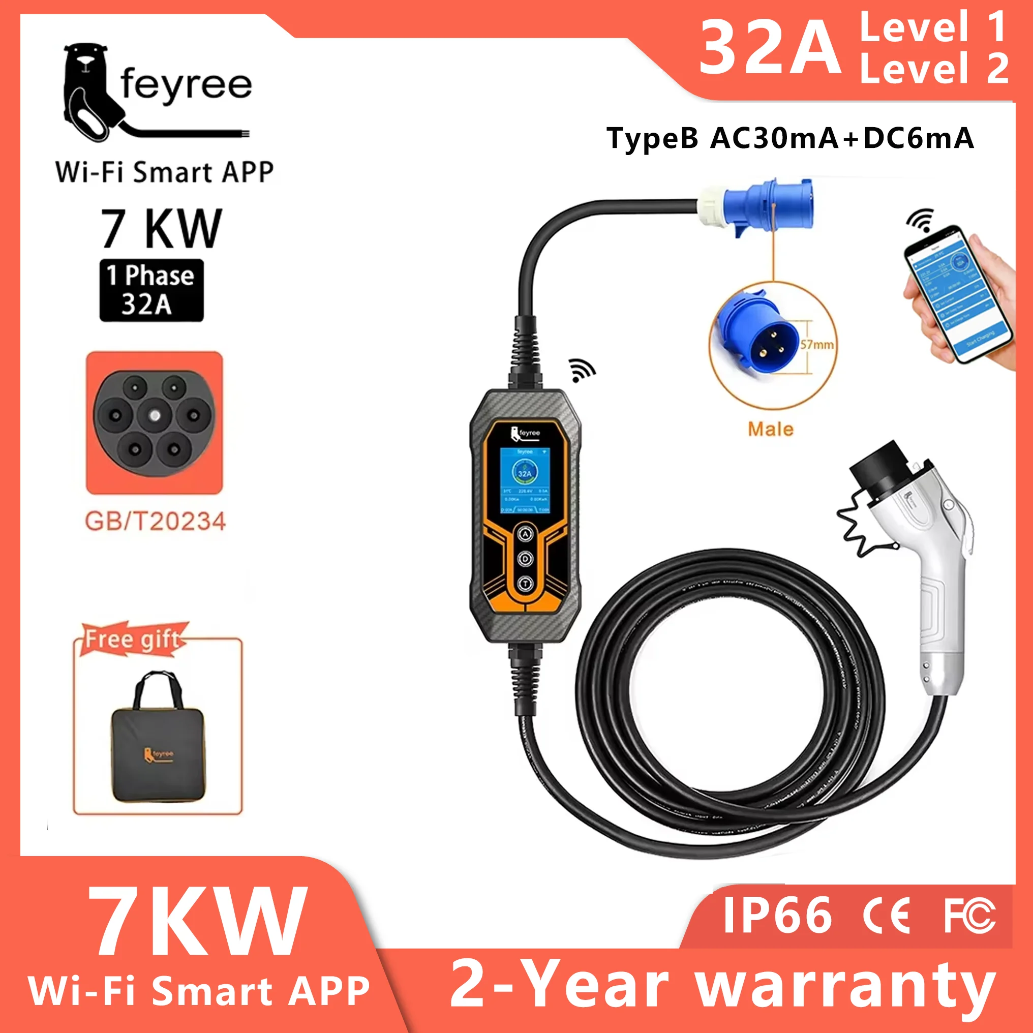 feyree GB/T Portable EV Charger EVSE 11KW 16A 3Phase APP WIFI Version 7KW 32A 1Phase for Electric Vehicle Car Charger