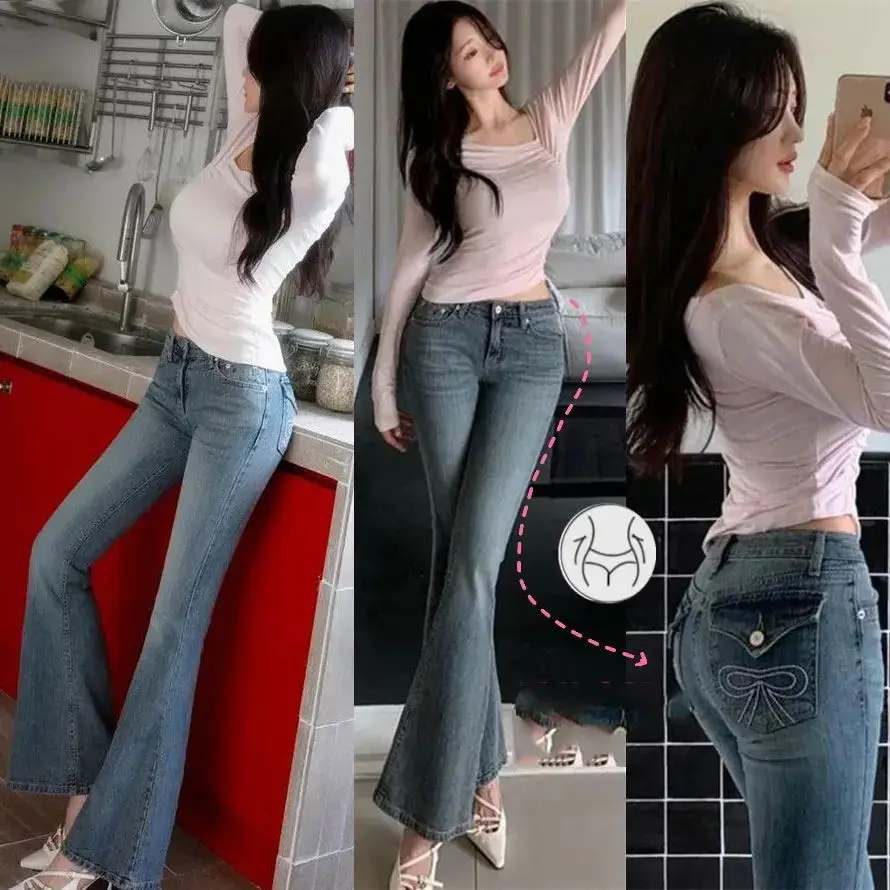 

Korean Faion Women's Cotton Elastic Jeans Flare Hem Embroidered High Waist Bootcut Denim Pants Spring Autumn 2023