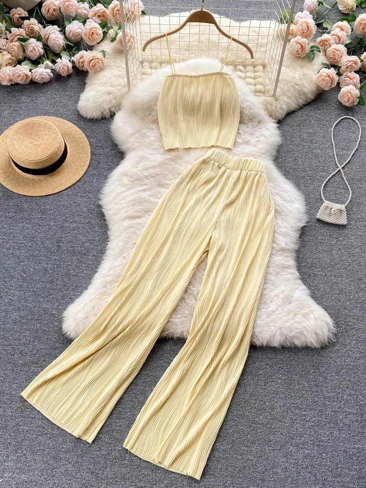 Women Summer Pants Set New Fashion Spaghetti Strap Short Tops & High Waist Long Pants Two Piece Suits