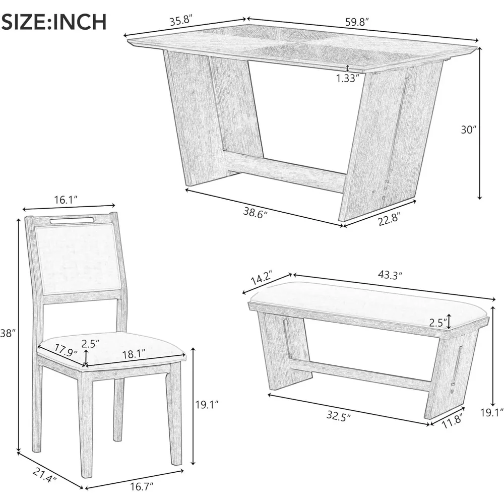 6-Piece Retro Dining Set, 1 Rectangular Table with Stable Trapezoidal Table Base and 4 Upholstered Chairs and 1 Bench