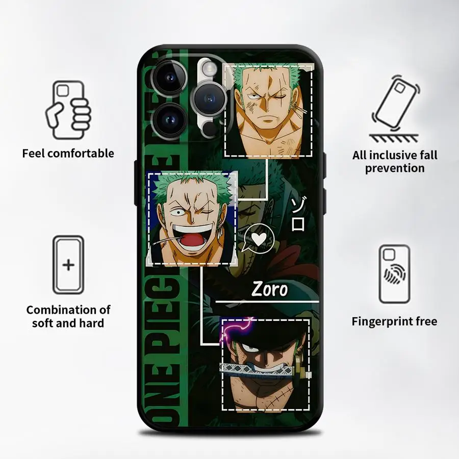 Funda para iPhone 7 8 13 12 11 17 Pro Max XS Max XR 17Air 15 16 14 Plus cubierta de teléfono suave negra de una pieza Luffy Zoro Art