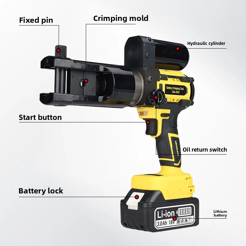 Alicate hidráulico portátil para bateria de lítio, alicate pequeno com motor sem escova CM-300, alicate de crimpagem de orelha de fio de cobre e alumínio