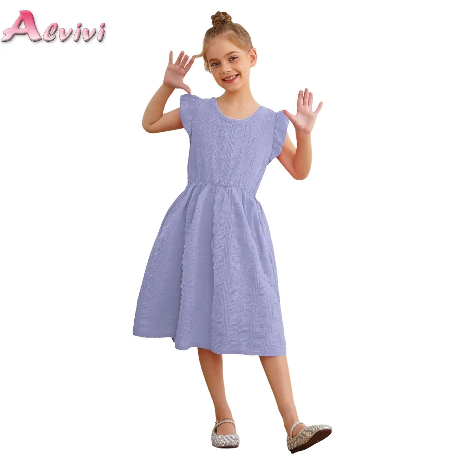 

Kids Girls Ruffle Sleeves Crumpled Texture A-Line Dress with Pockets for Casual Holiday Vacation Party Picnic