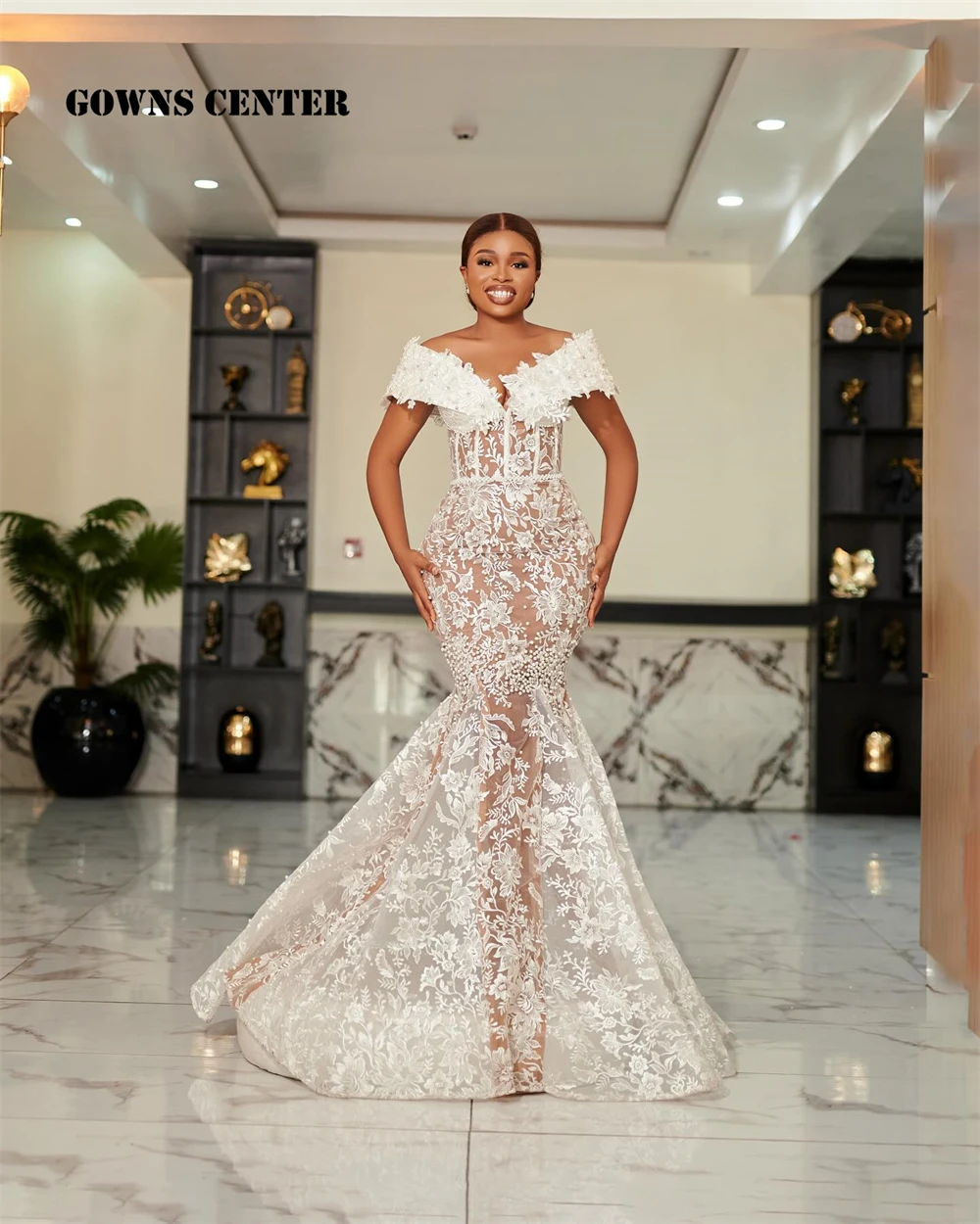 Graceful Off The Shoulder Wedding Dresses 2025 Luxury Beads Lace Applique Mermaid Aso Ebi Style African Bridal Gowns Customized