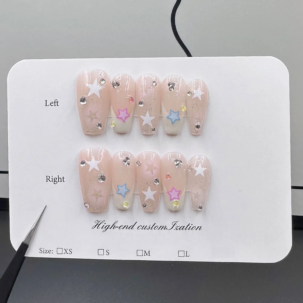 MAGO Handmade Press on Full Cover Professional 10pcs Nails Bursting Pink and Blue Stars Reusable Finished Fake Nails