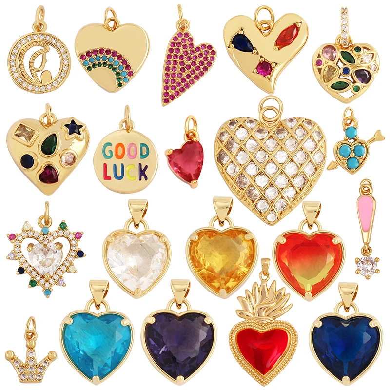 Trendy Crystal Heart Shape Charm Pendant,Colorful Zircon 18K Gold Plated Necklace Bracelet for Handmade Jewelry Accessories M78