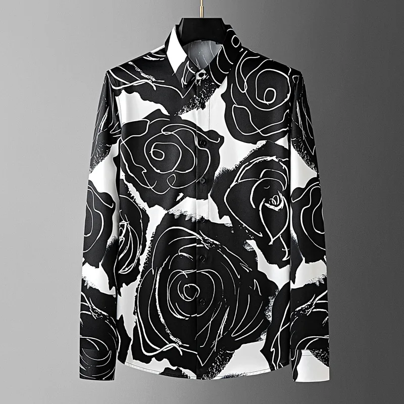 Trendy Floral Print Long Sleeved Shirt for Men Slim Casual Business Non Ironing Shirts Streetwear Social Banquet Party Shirts