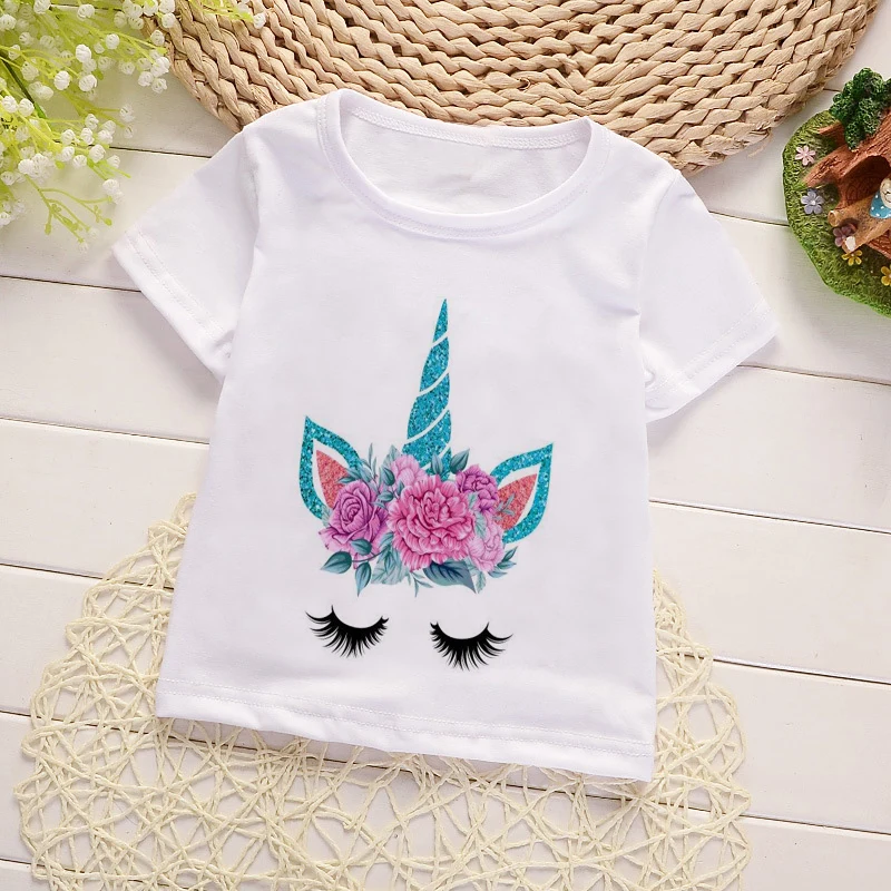 Camisetas con estampado Floral de unicornio para niños y niñas, ropa de manga corta con dibujos animados, trajes de verano