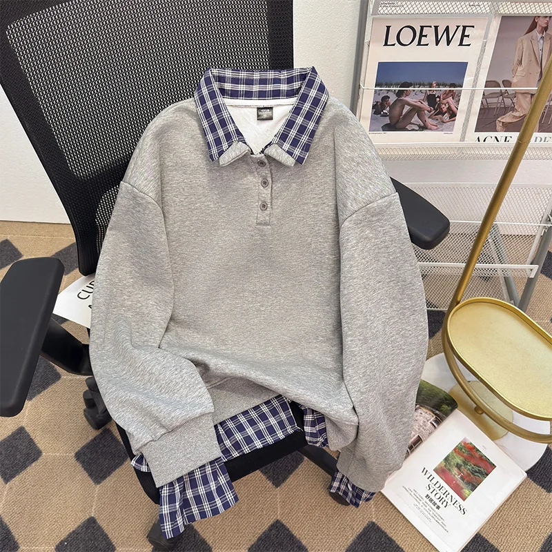 Preppy Style Plaid patchwork Lapel Sweatshirt Women Spring Autumn Loose Fake two-piece Long Sleeved Top Versatile Pullover