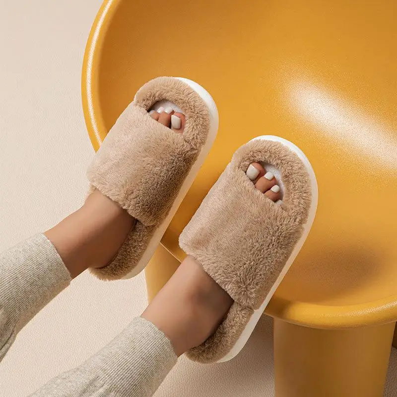 Casual Fluffy Slippers Women Home Flats Elegant Designer Shoes Girls Fashion Popular Open Toe Platform Slippers House Large Size