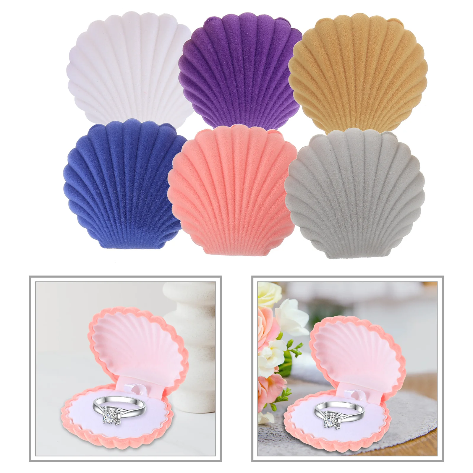 

6Pcs Small Jewelry Box Lint Material Shell Shape Design Ring Holder for Engagement Wedding Anniversary Gift Women Earring