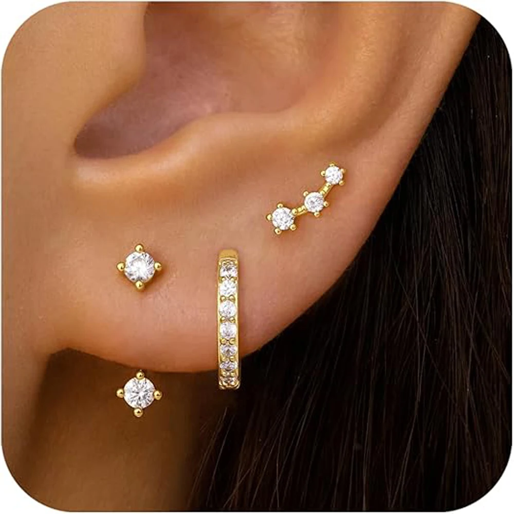 Gold Stud Earrings Set for Women 3pcs Huggie Hoop Jacket Stack for Multiple Piercing Hypoallergenic 925 Sterling Silver Jewelry