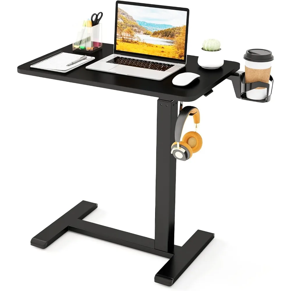 Premium Mobile Standing Desk, Pneumatic Height Adjustable Rolling Desk with Cup Holder & Headphone Hook, Overbed Table with Hid