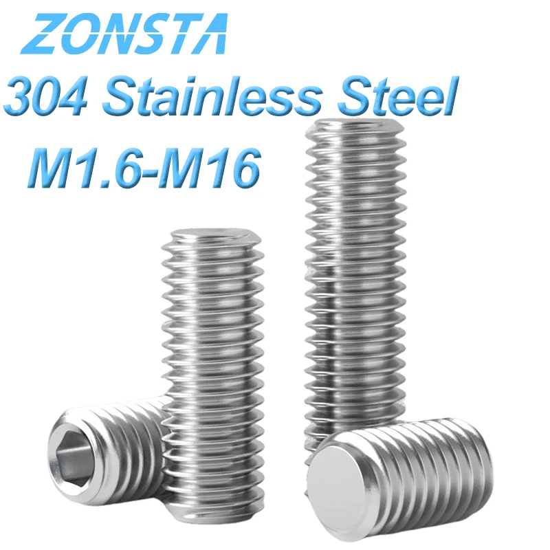 M2 M2.5 M3 M4 M5 M6 M8 M10 Headless Screw 304 Stainless Steel Allen Head Hex Hexagon Socket Flat Point End Grub Bolt Set Screw