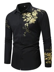 Men's Fashion Clothing  Button Up shirt Gold Print Casual Long Sleeve Shirt Tops