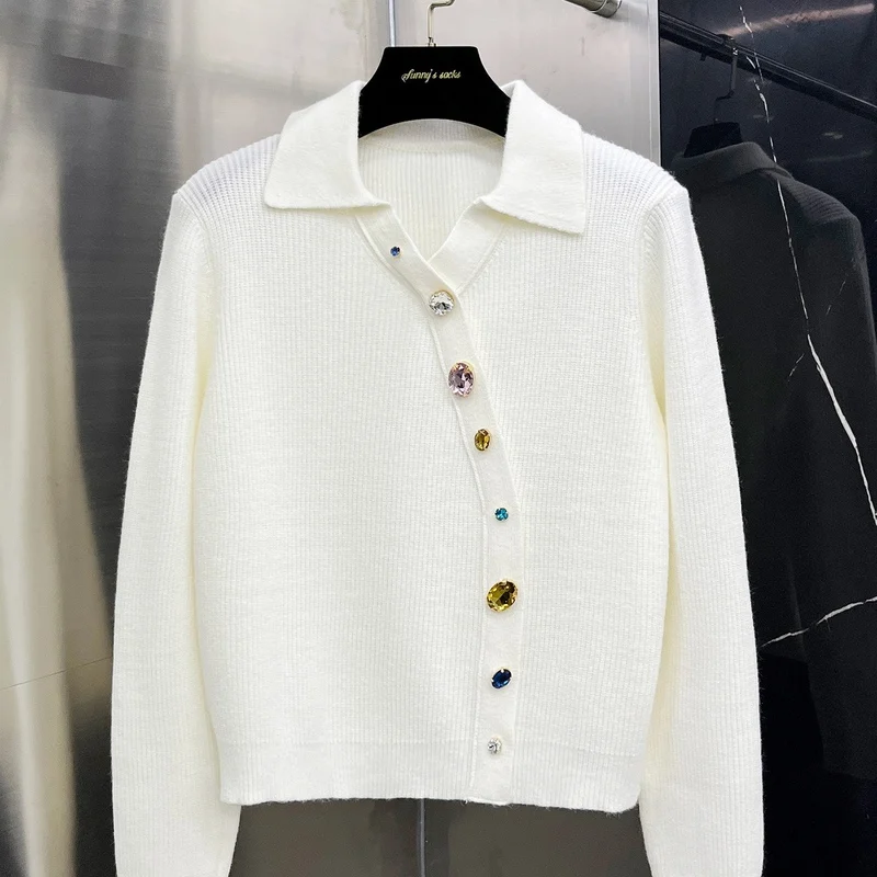 

Ele Jewelry Button Knitted Top Loose White Sweater ort Outerwear Women's Faion Autumn 2024 New Sle Casual Chic