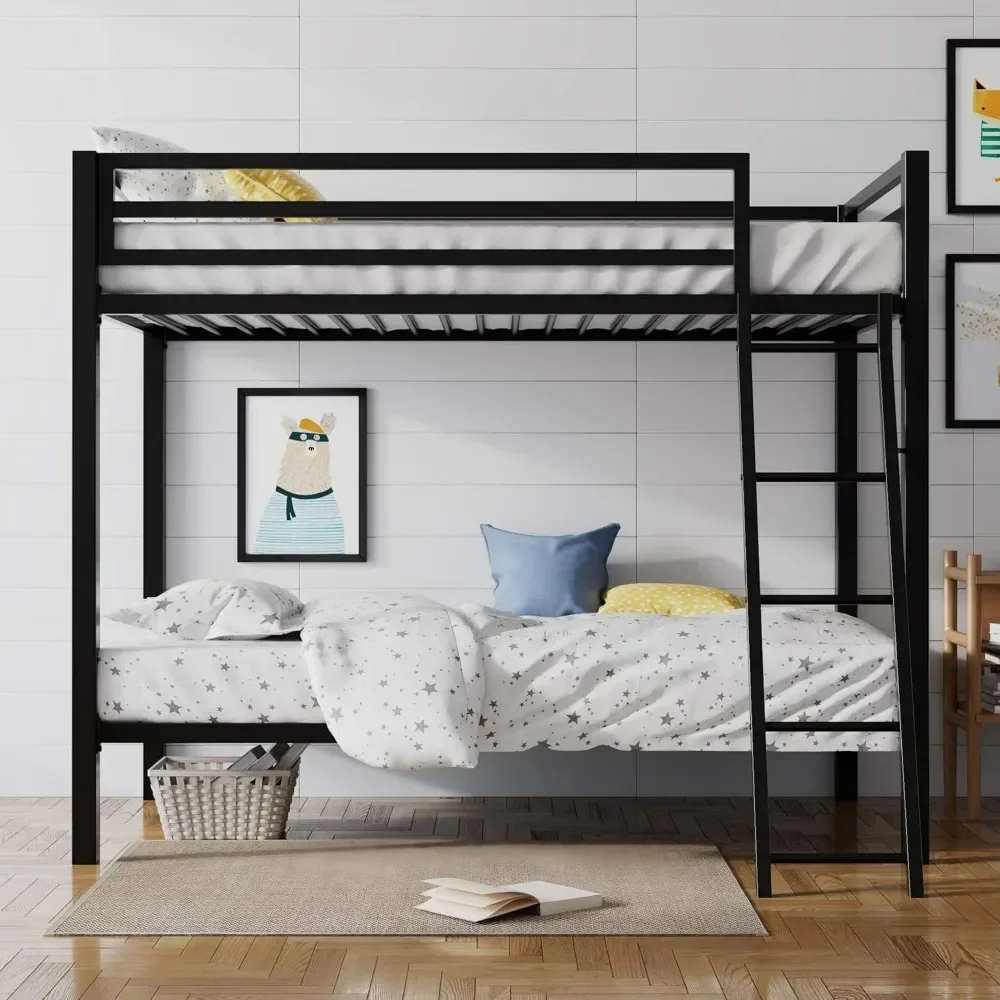 Twin Over Twin Metal Bunk Bed for Junior,Industrial Twin Bunk Beds Frame with Inclined Stairs Full-Length Guardrail,Space-Saving