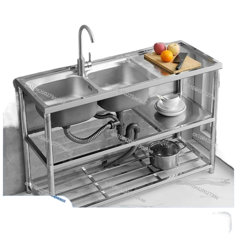 Thickened Stainless Steel Kitchen Sink Integrated Countertop Single/Double Bowl Vegetable Washing Basin Full Set Bracket