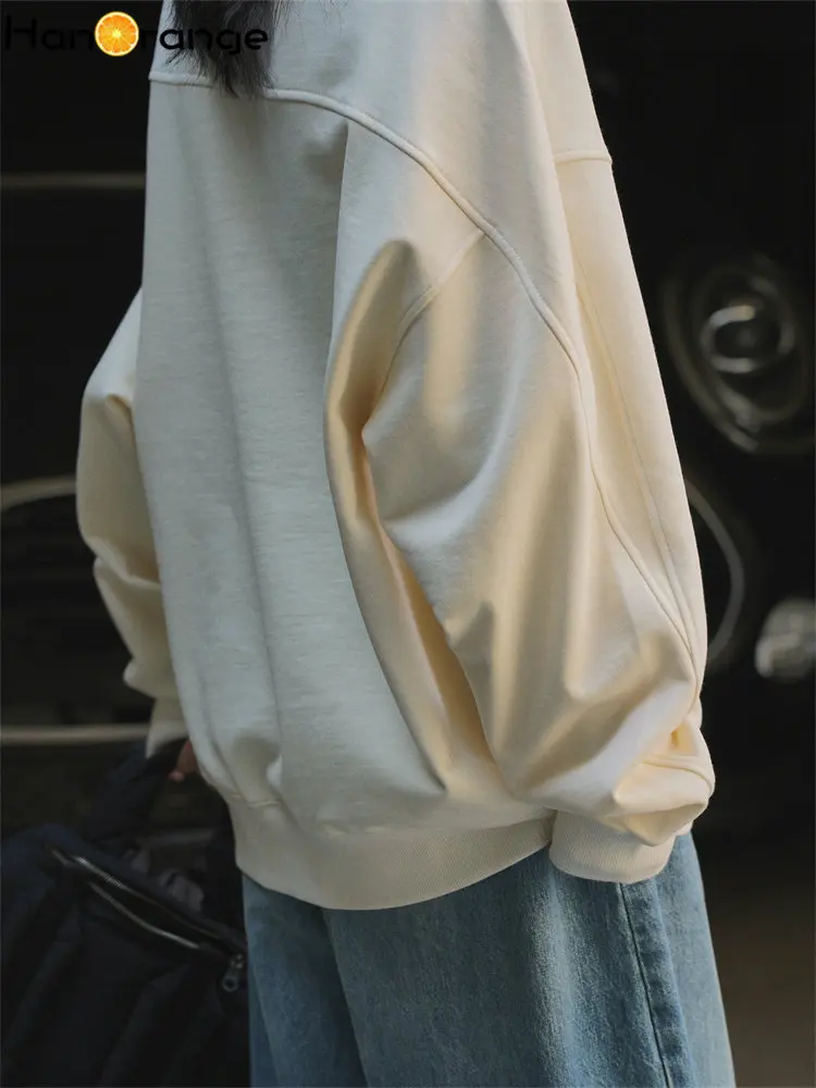 HanOrange 2025 أوائل الربيع صورة ظلية بسيطة س الرقبة القطن البلوز المرأة فضفاضة رداء علوي غير رسمي البلوز أوف وايت/رمادي داكن