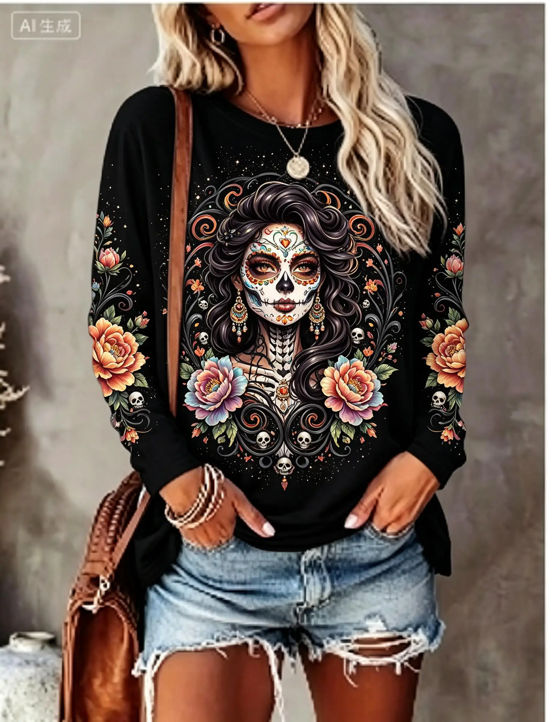Women's Halloween Top Black Sugar Skull Catrina Flower Long Sleeve T Shirt image 3