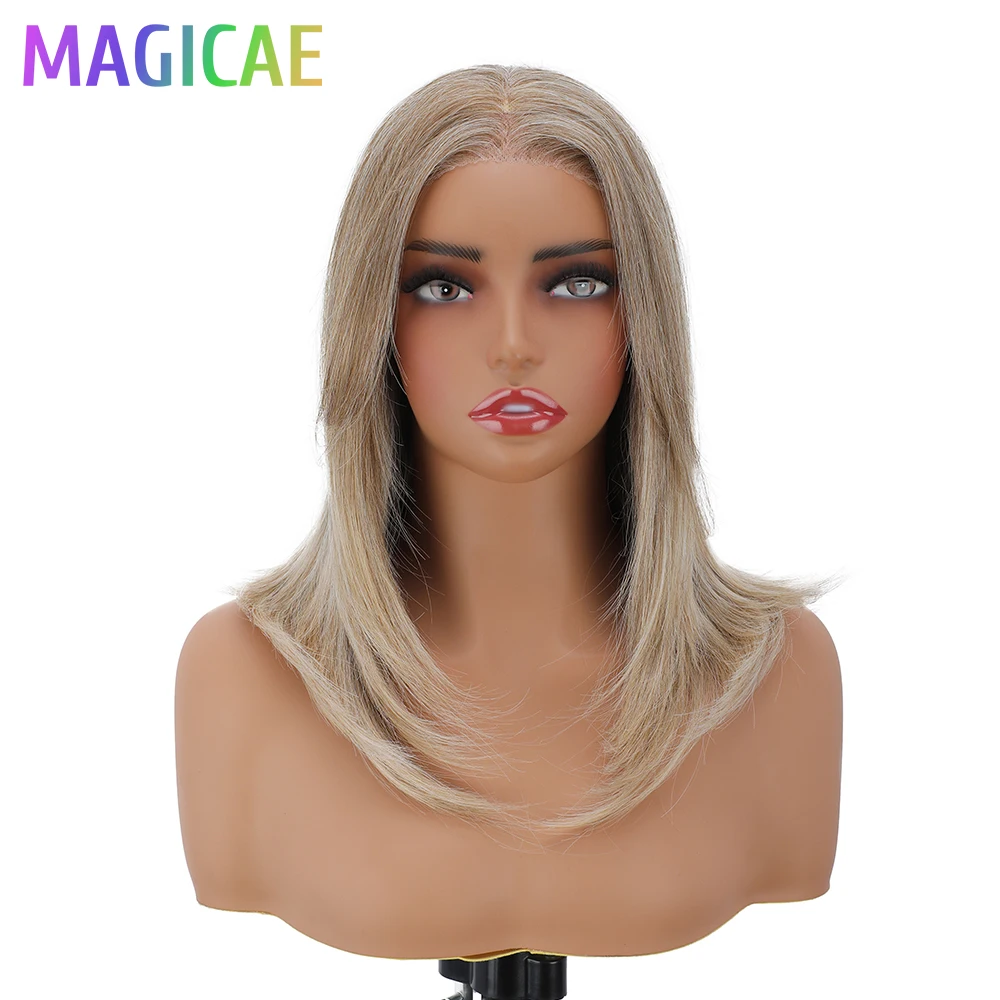 

Magicae 16 дюймов 13X3 кружевные фронтальные прямые волосы боб парики Ombre Blond Highlight 27/613 светло-коричневый высокотемпературный био синтетический