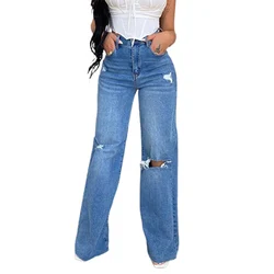 Jeans droits évidés au genou pour femmes, pantalon en denim épissé, jambe large, bouton taille haute, mode décontractée, FJM