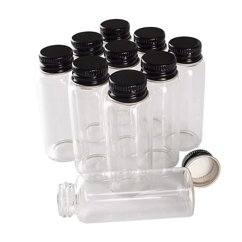 60pcs 25ml Dia27mm Glass Bottles with Black Aluminum Caps Transparent Glass Perfume Spice Bottles Tiny Jars Vials