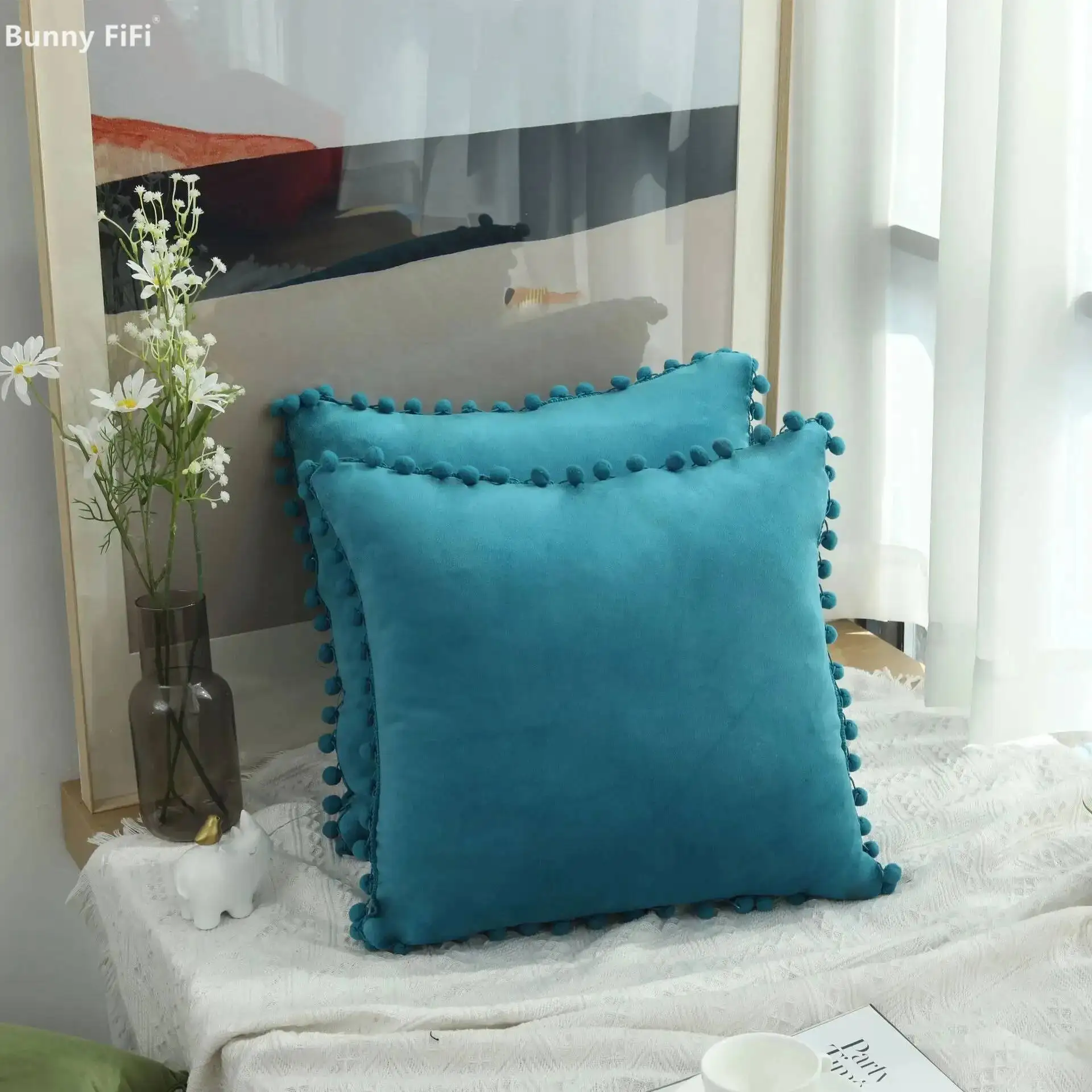 Velvet Pillow Cover with Ball Lace, Soft Cushion Cover, Monochrome, Modern and Simple, Fur Ball, 30x50, 40x40, 50x50, 65x65cm