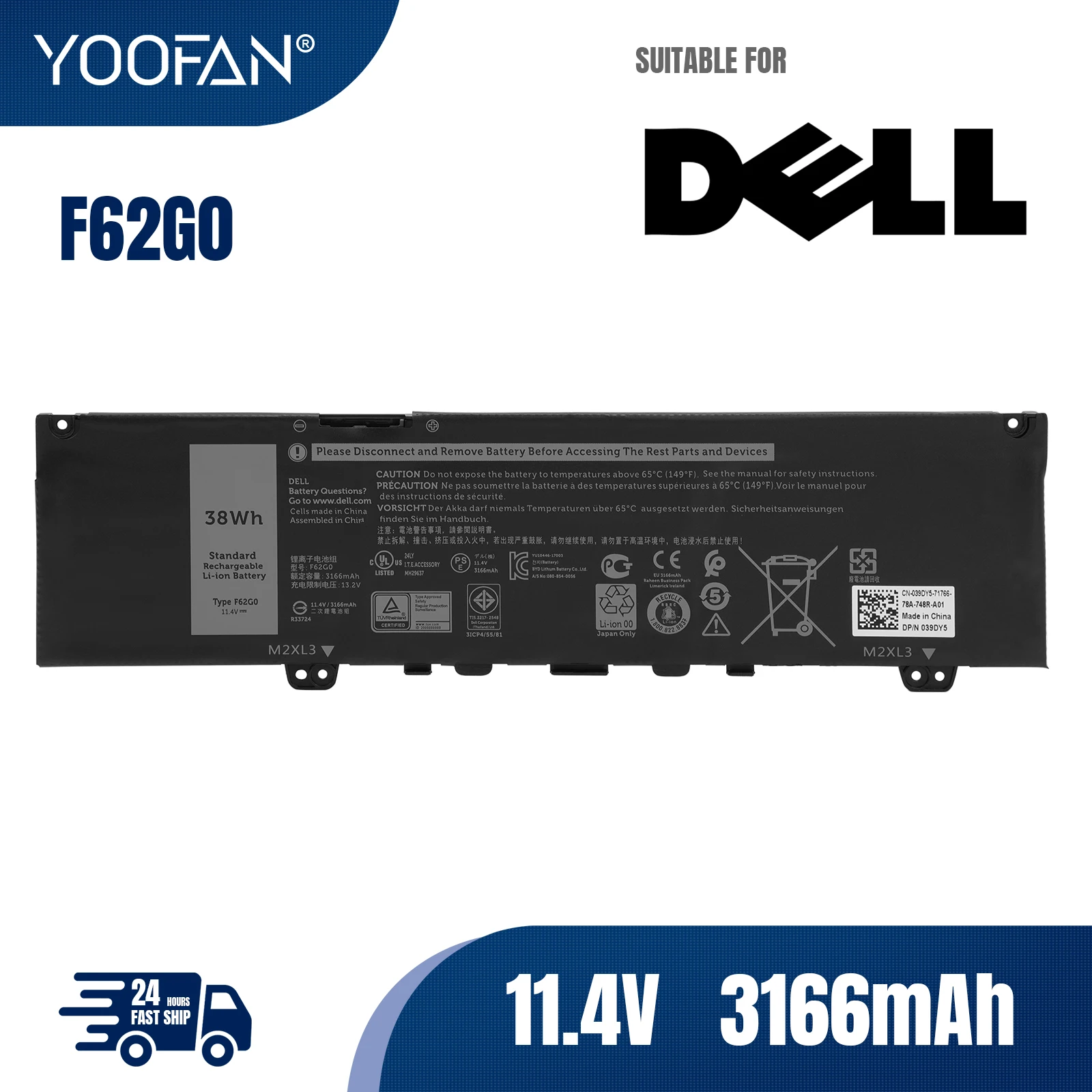 YOOFAN 100% New F62G0 High Quality Laptop Battery For Dell Inspiron 13 5370 7370 7373 Vostro 5370 RPJC3 Fast Delivery In Stock