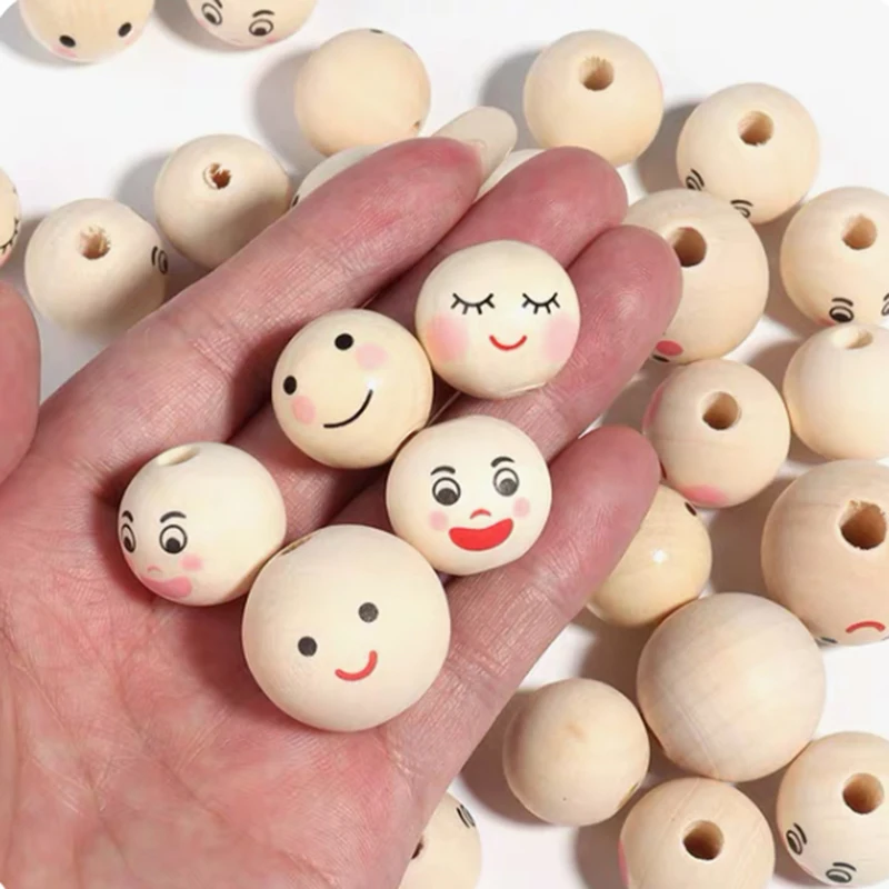 100 Pcs 20mm Round Face Beads Pieces Natural Wooden Decor Chiristmas Tree Garland Craft Smiling Face Loose For Bracelets 2025