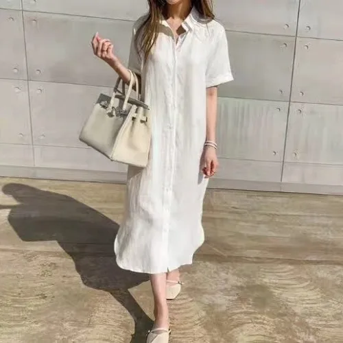Korean Style Shirt Dress Women Summer Long Loose Slimming Collar Short Sleeve Dress Street Style Cotton Casual Dress
