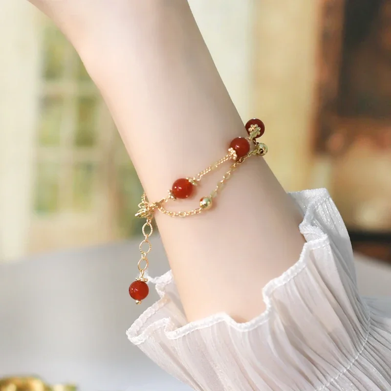 Mosan Natural Sardonyx Bracelet Double-layered Wearing 14K Plated Gold Fashion Jewelry for Girls Gift