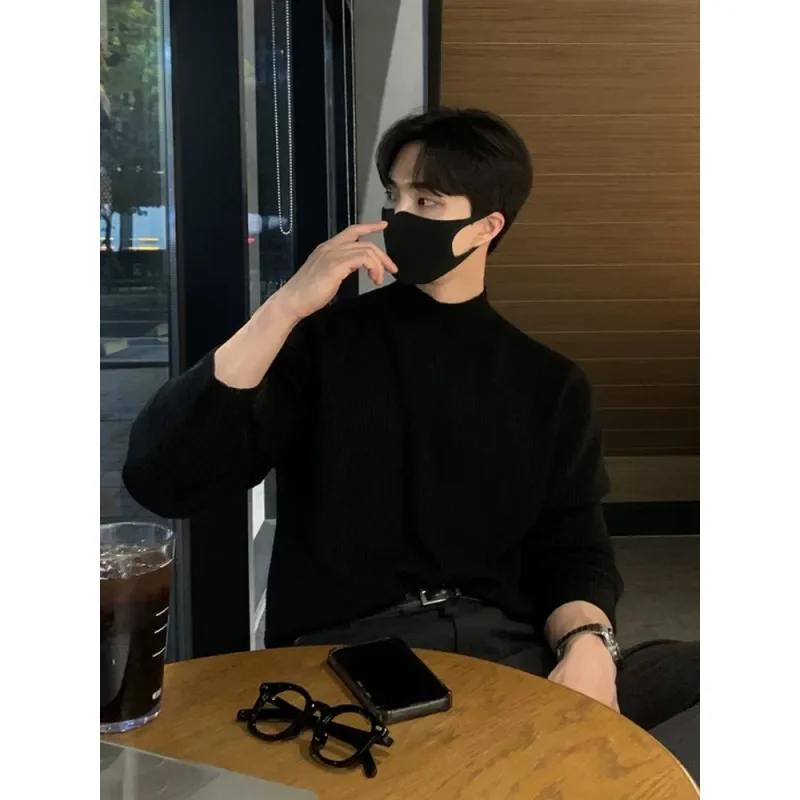 

Half-high Collar Solid Color Men's Dark Pattern Sweater Autumn and Winter Warm Thickening 2024 Loose Base Shirt.