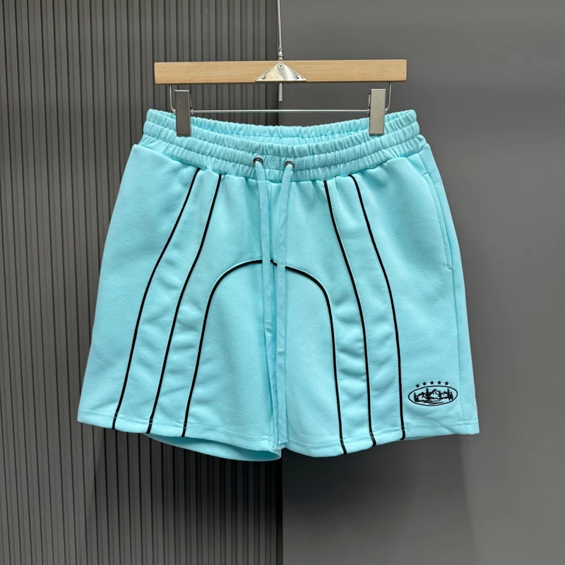 

Stripe Blue Black Embroidery Stars Island Label Casual Shorts Men Women Drawstring Loose Short Pants Beach Holiday Shortpants