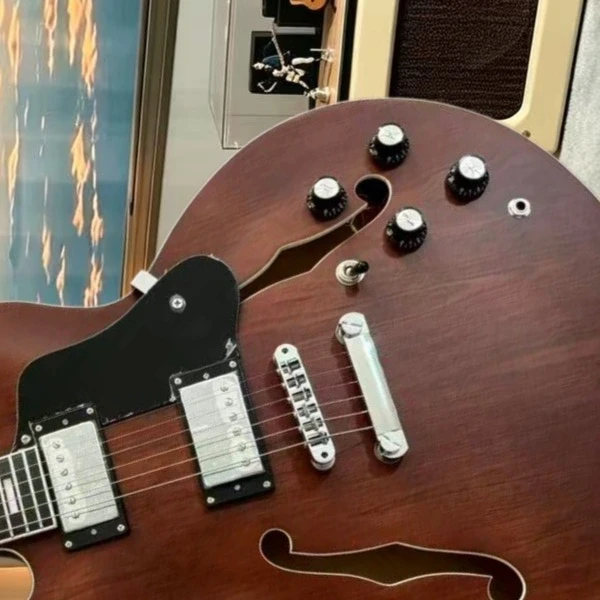 Vintage Matte‑Brown ES335 Semi‑Hollow Electric Guitar F‑Hole Cream Binding HH Pickups Setup Vintage Live‑Performance Blues Jazz