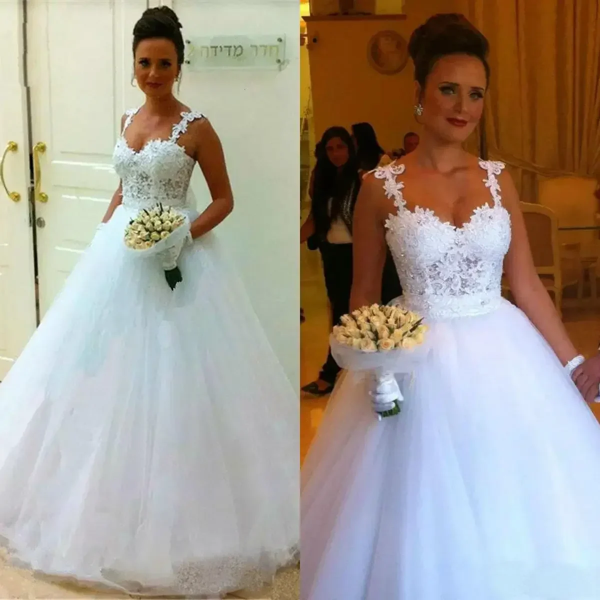 Personalizado simples laço branco appliqued ilusão cintas de espaguete vestidos de noiva até o chão vestido de casamento de tule