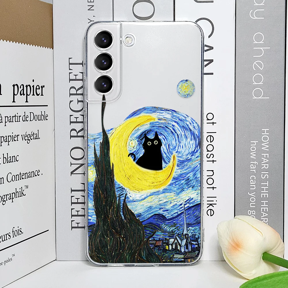 Retro Oil Painting Van-Gogh Cat Phone Case for Samsung Galaxy S25 S24 S23 S22 S21 Ultra Plus FE 5G Transparent Soft Cover Fundas