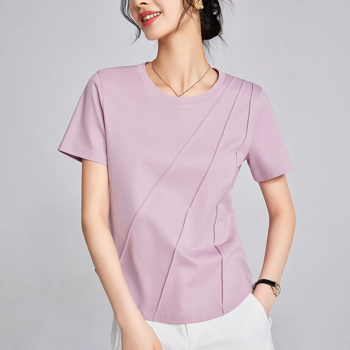 2025 Summer Women's Oversized T-Shirt - Cooling Silky Cotton Bone Shoulder Slim Fit Round Neck Casual Top | Trendy & Breathable