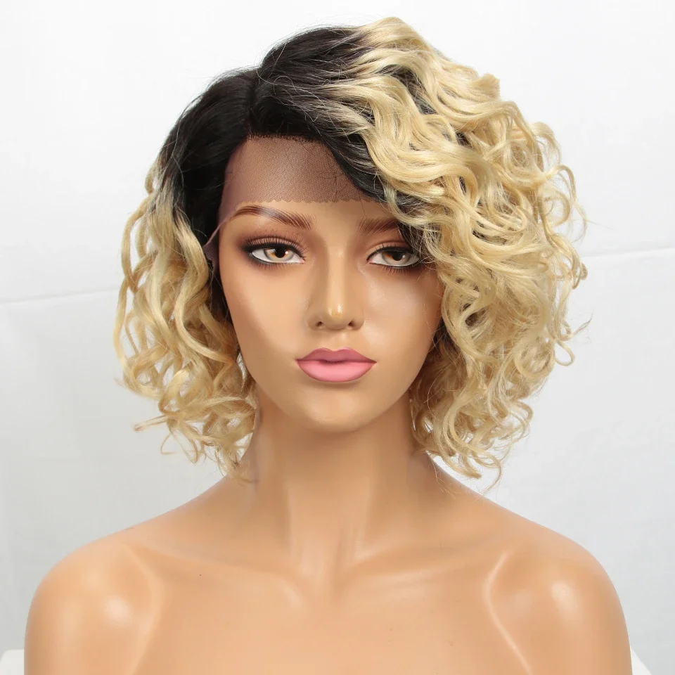 

Короткие светлые кудрявые парики из натуральных волос с кружевной передней частью для женщин, парики QVR с кружевной линией, средней длины, натурального цвета, с лёгкими волнистыми локонами