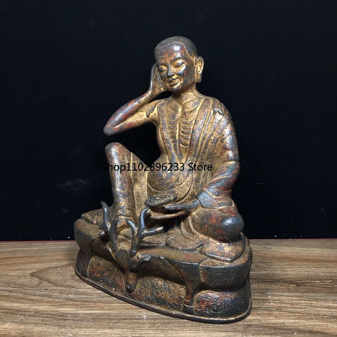 Tibetan brass mud gold cinnabar painted Milarepa sitting statue home Buddhist hall incense case offering ornament 18cm supplies