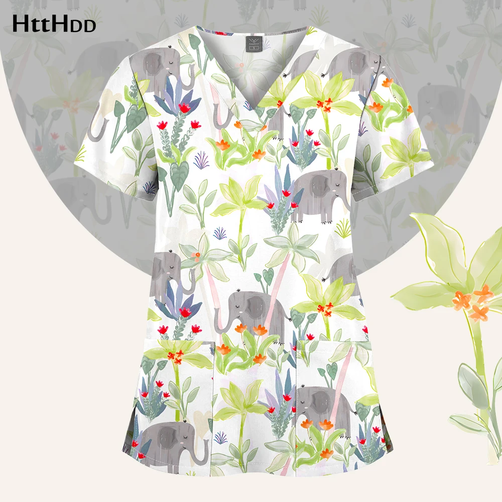 

Hospital Nurse Uniforms Women Medical Uniform Print Scrub Top Dental Clinic Work Clothes Mens Scrub Short Sleeved T-shirt Jacket