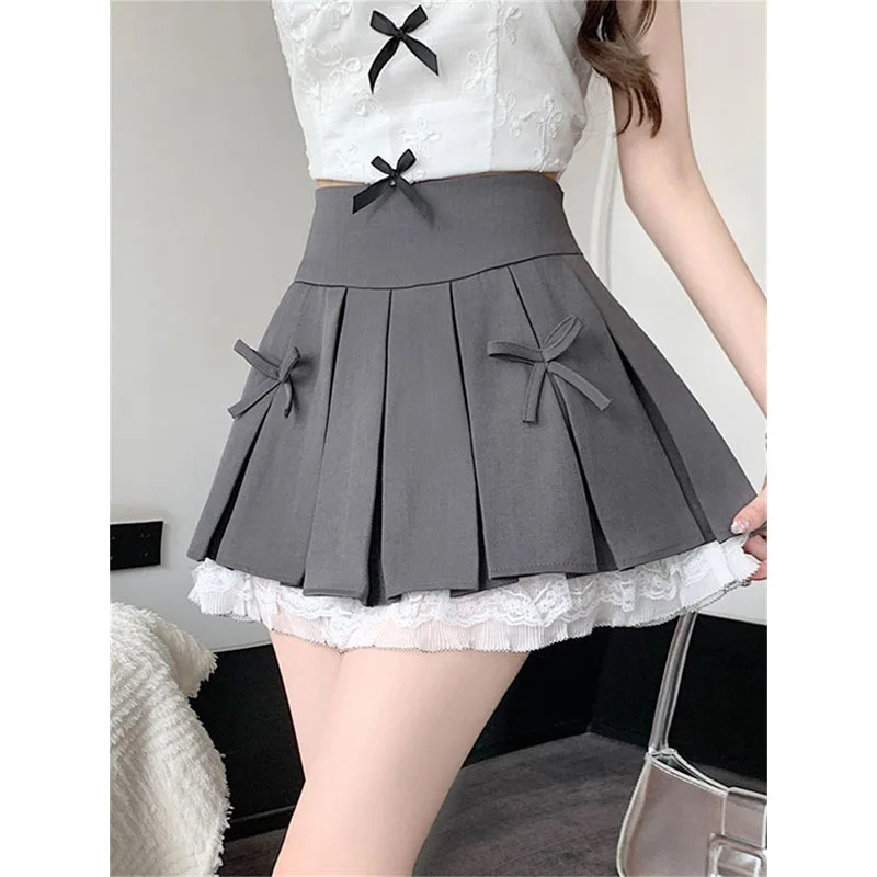 City Outdoor Style High Waist Pleated  Skirt Women's Lace Design  Knot Short Skirts Fashion Slimming A-Line