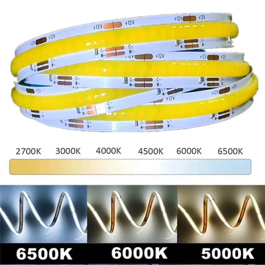 FCOB CCT DC12V DC24V LED Light Strip 608 LEDs High Density Flexible FOB COB 10mm Led Lights RA90 2700K to 6000K Linear Dimmable