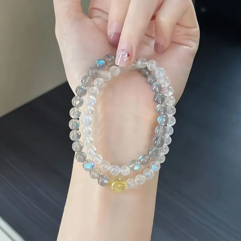 Natural gray moonlight double ring bracelet with golden hair crystal lucky women's bracelet light luxury fashion jewelry for