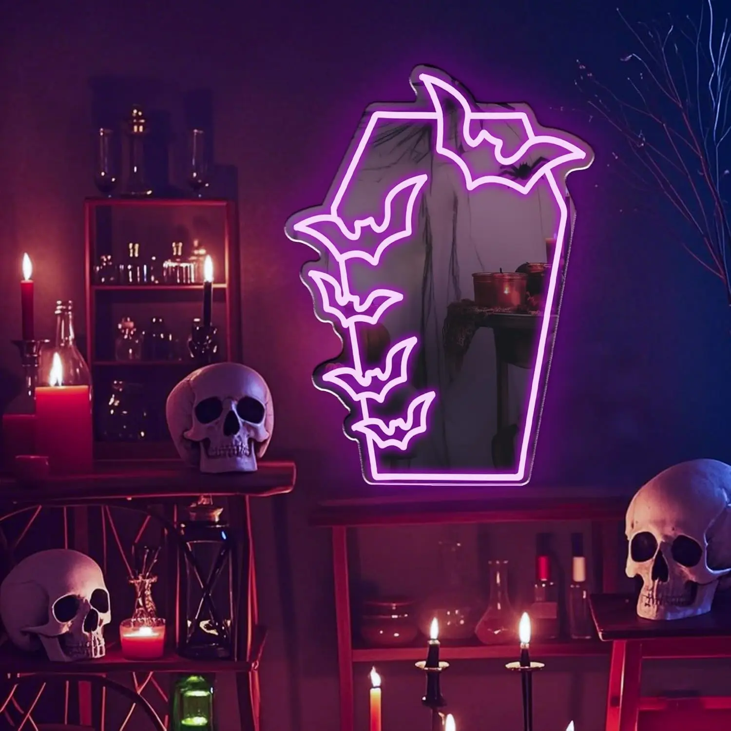Halloween coffin bat neon mirror, Gothic LED coffin sign, bat neon sign, Gothic room wall art, suitable for indoor, bedroom