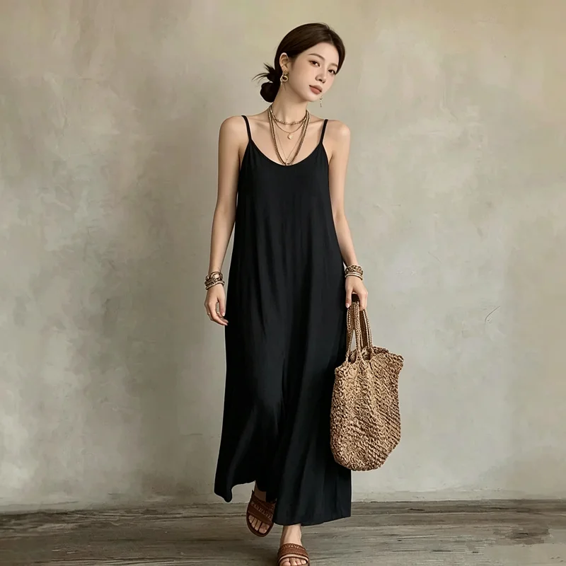 Sexy V-Neck Strapless Bohemian Vacation Loose Women's Dress Solid Color Long Dress Elegant Backless Cami Dresses