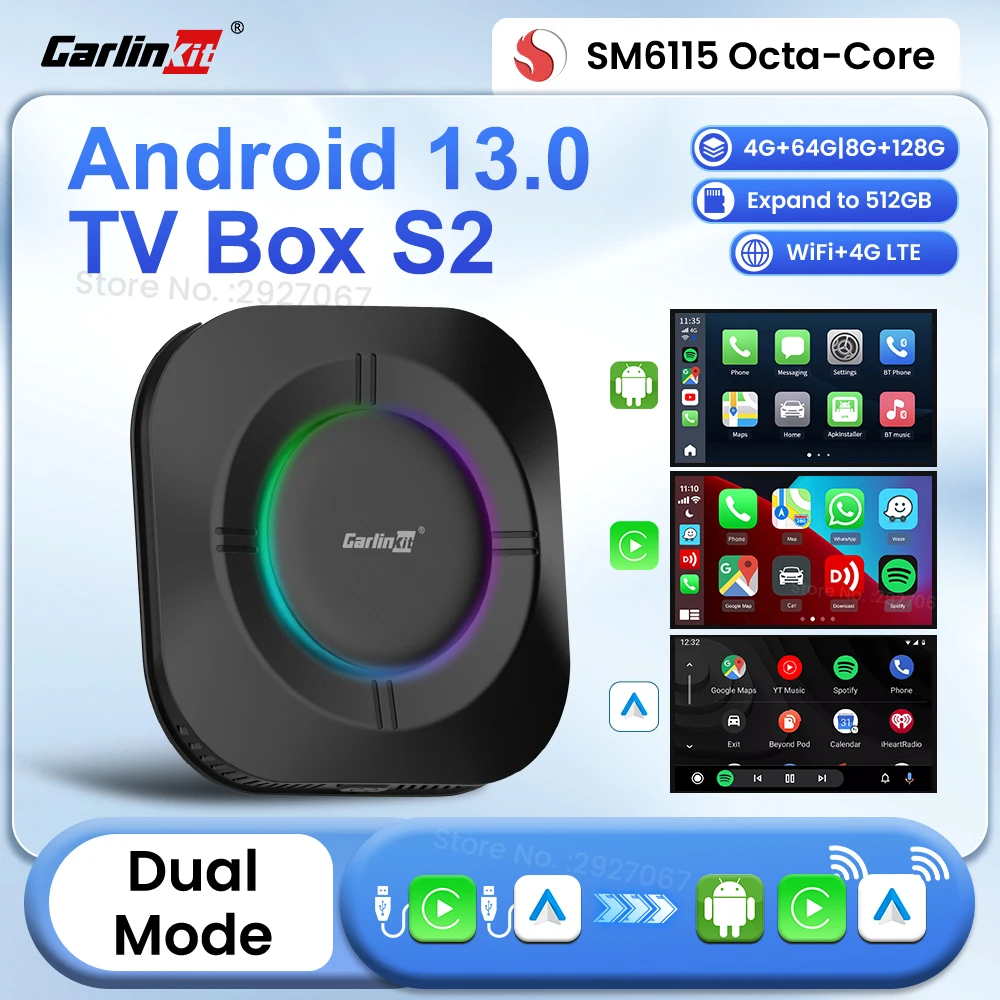 CarlinKit Android 13 Wireless CarPlay Ai Box SM6115 8 Cores Android TV Streaming Box for Original Car Wired to Wireless Dual Mode Car Play Android Auto Box Support Netflix Online Video 4G LTE WiFi Hotspot 8G+128G 4+64G OTA Update