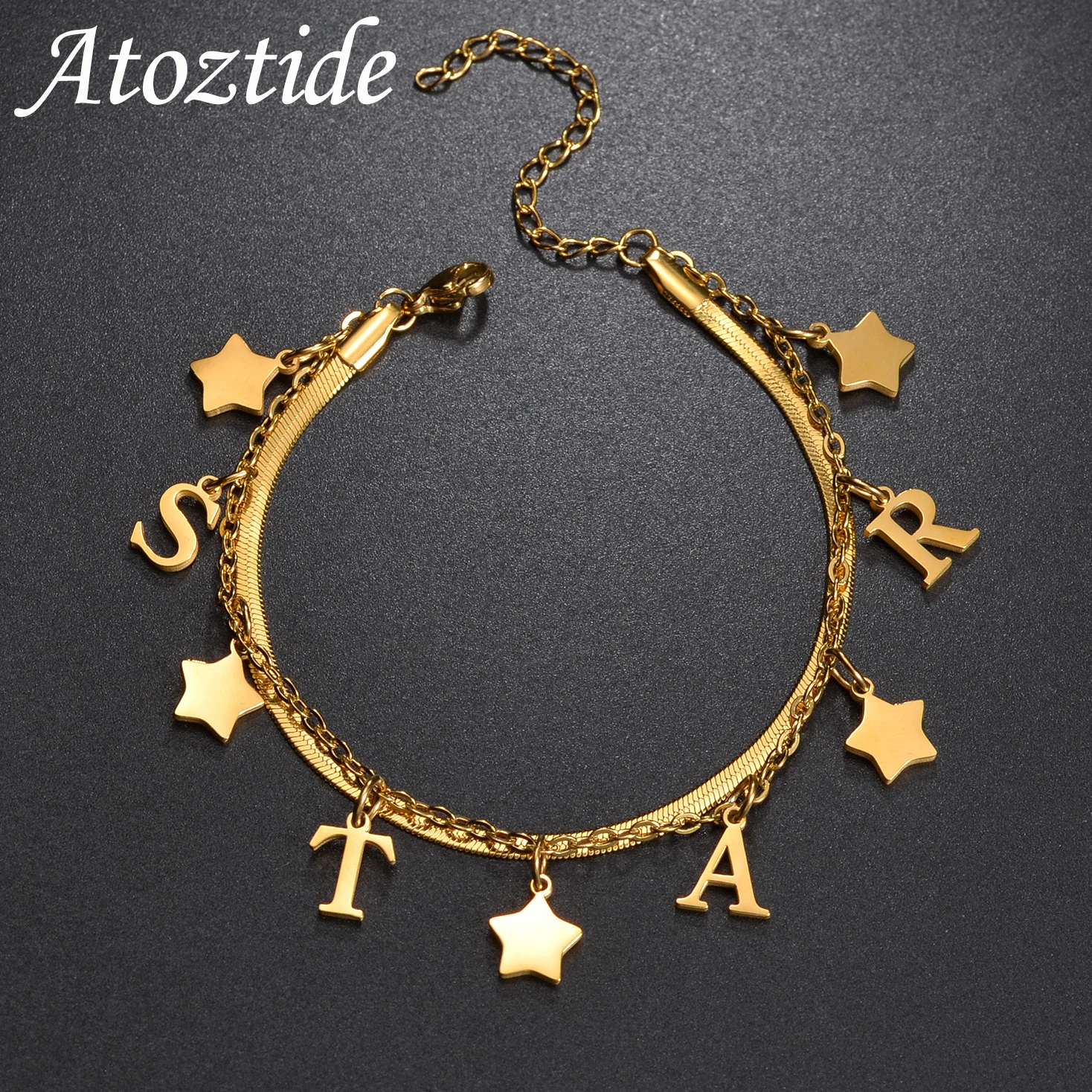 Atoztide Personalized Custom Name Bracelet  Stainless Steel 2 Layer Charms Star Letter Handmade Blade Chain Bangle Jewelry Gift